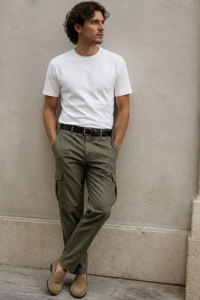 A man wearing a plain white T-shirt, olive cargo pants, a black leather belt, and tan loafers; the outfit is photographed outdoors near a wall.