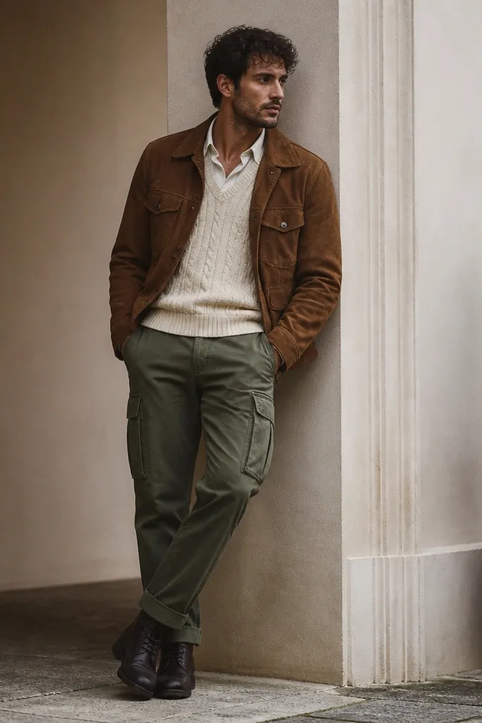 A man wearing a brown suede jacket over a cream sweater vest, with a light shirt underneath, olive cargo pants, and dark boots; the suede texture is visible.