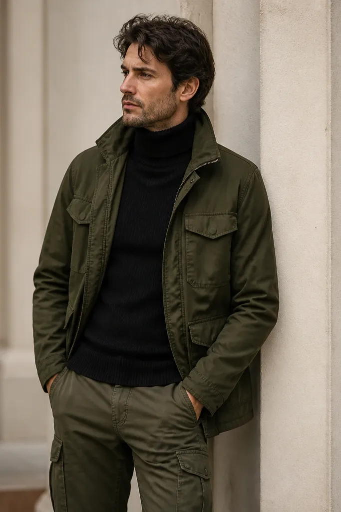 A man wearing a thin rib black turtleneck, olive cargo pants, and a slightly darker olive field jacket; the neck is snug and the jacket is partially zipped.