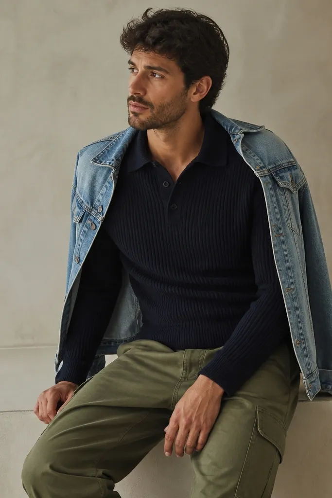 A man wearing a navy knit polo, olive cargo pants, and a light denim jacket worn open at the shoulders; sleeves are visible and the jacket is not buttoned.