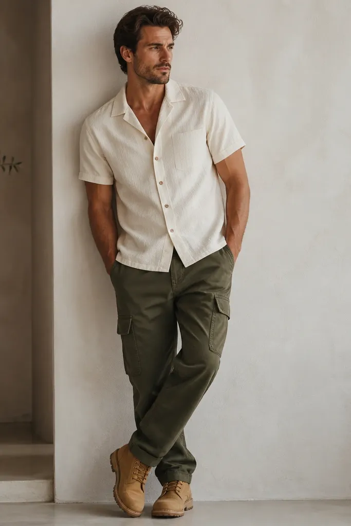 A man wearing a cream short-sleeve camp collar shirt with a subtle texture, olive cargo pants, and tan work boots; the shirt buttons are open at the top.