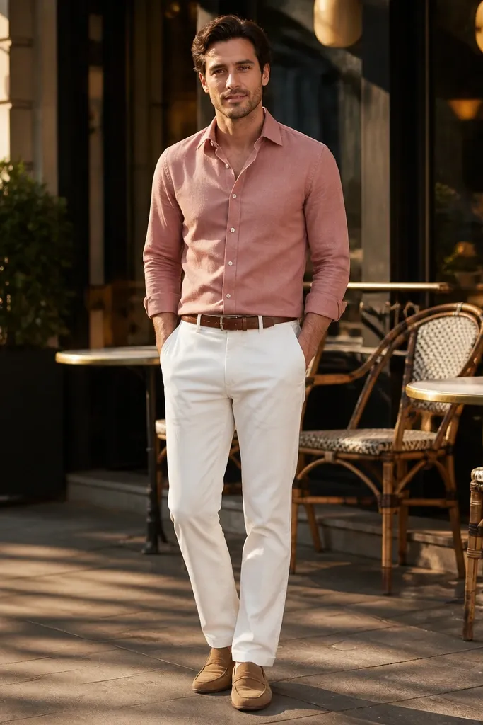 Dusty rose oxford shirt with crisp white straight-leg pants and brown leather loafers