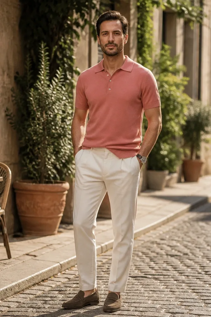 Soft salmon knit polo with off-white chinos and white sneakers