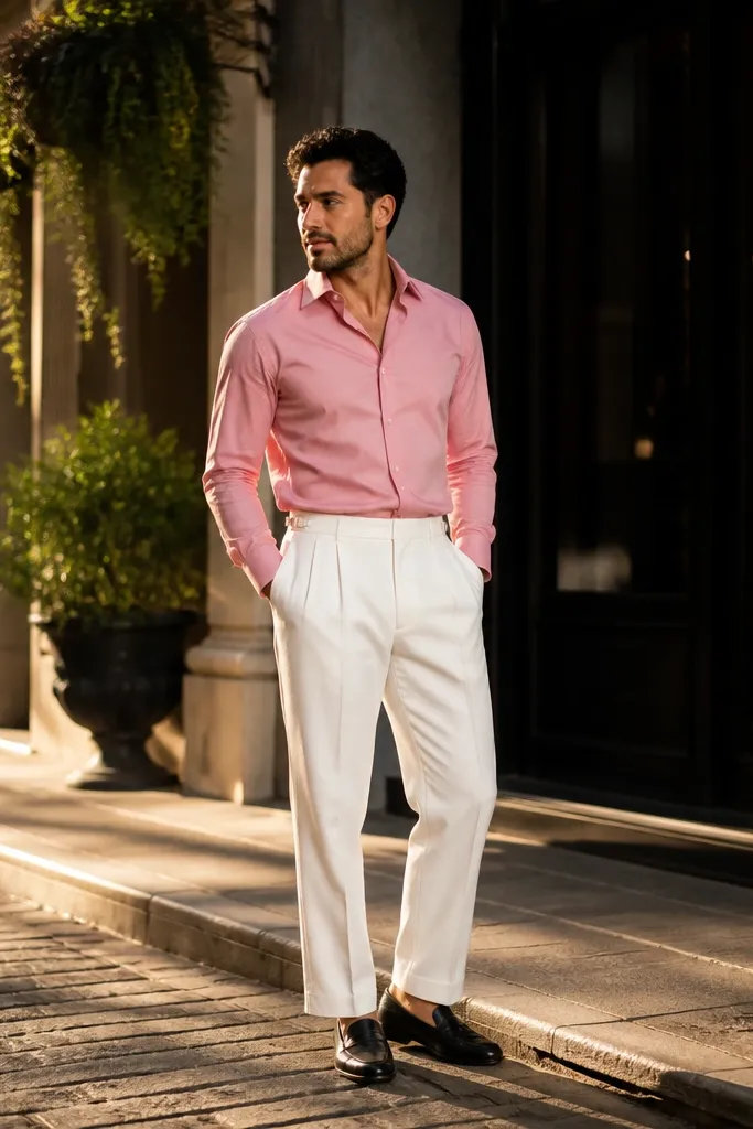 Rose pink poplin shirt with white pleated trousers and black leather loafers
