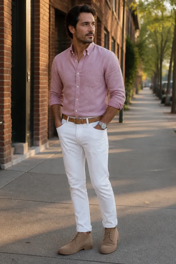 Dusty pink chambray shirt with white slim taper pants and tan suede chukkas