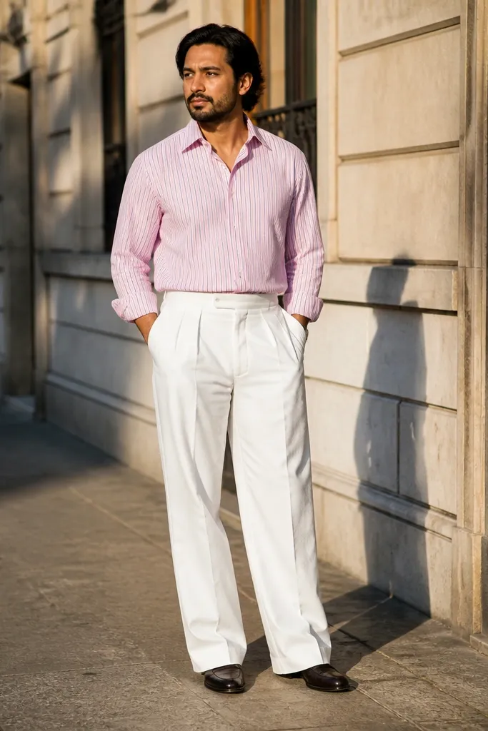 Light pink striped shirt with white wide-leg trousers and nude loafers