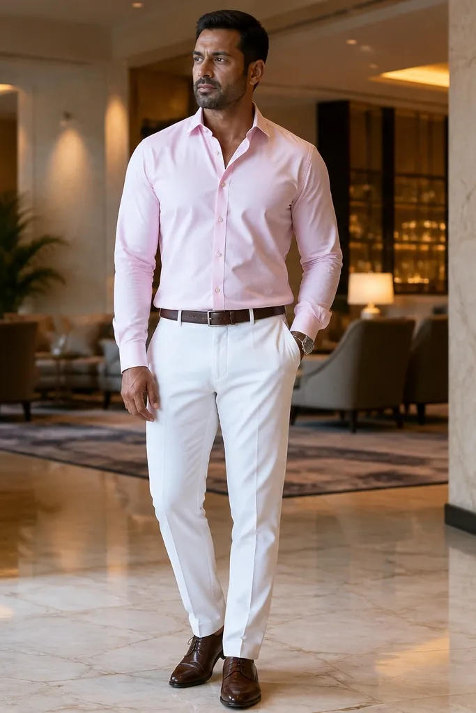 Light pink dress shirt with white tapered suit pants and dark brown lace-ups