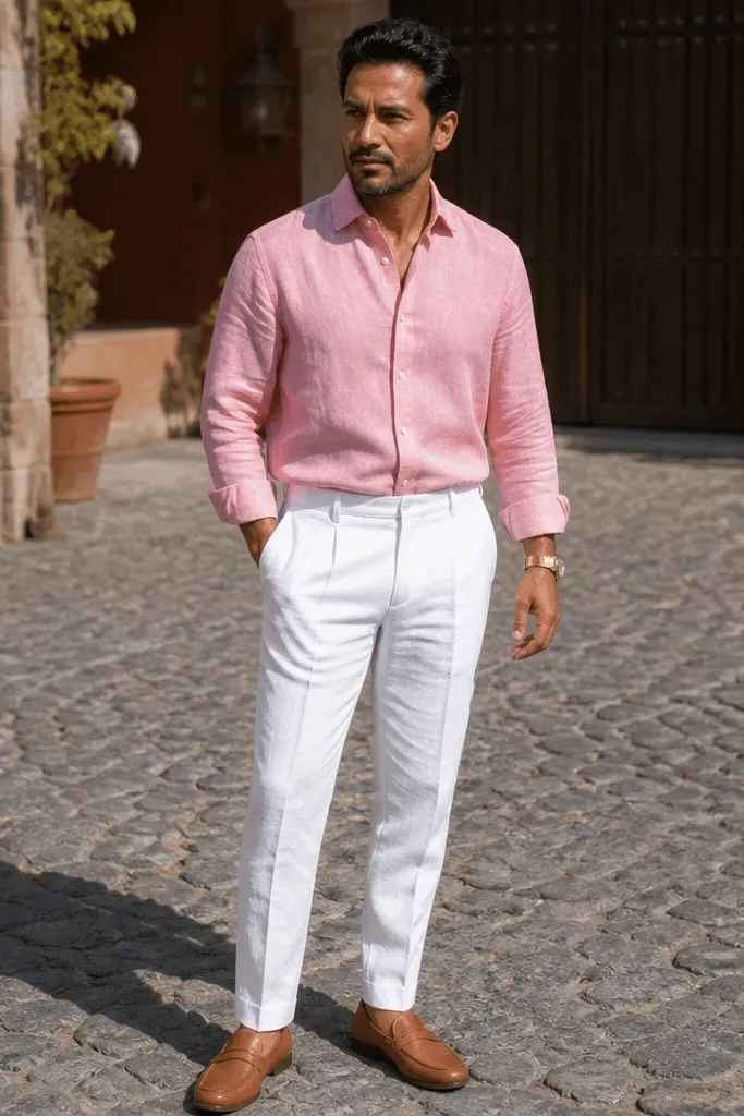 Pink linen shirt with white linen-cotton tapered pants and brown sandals