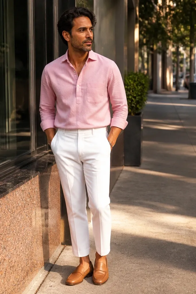 Pink popover shirt with white cropped pants and white leather sneakers