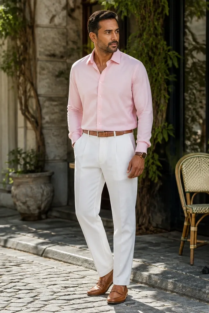 Blush pink Tencel shirt with white straight pants and tan leather loafers