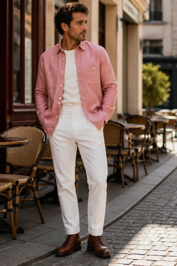 Pink chambray overshirt with white non-cargo pants and brown boots