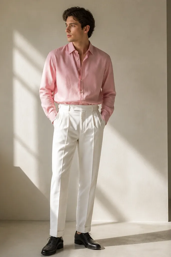 Pink silk-blend shirt with white high-waist trousers and black leather oxfords