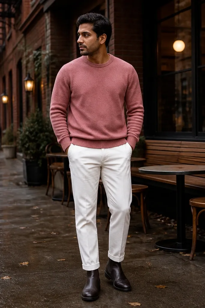 Pink crewneck sweater with white tapered pants and dark brown Chelsea boots