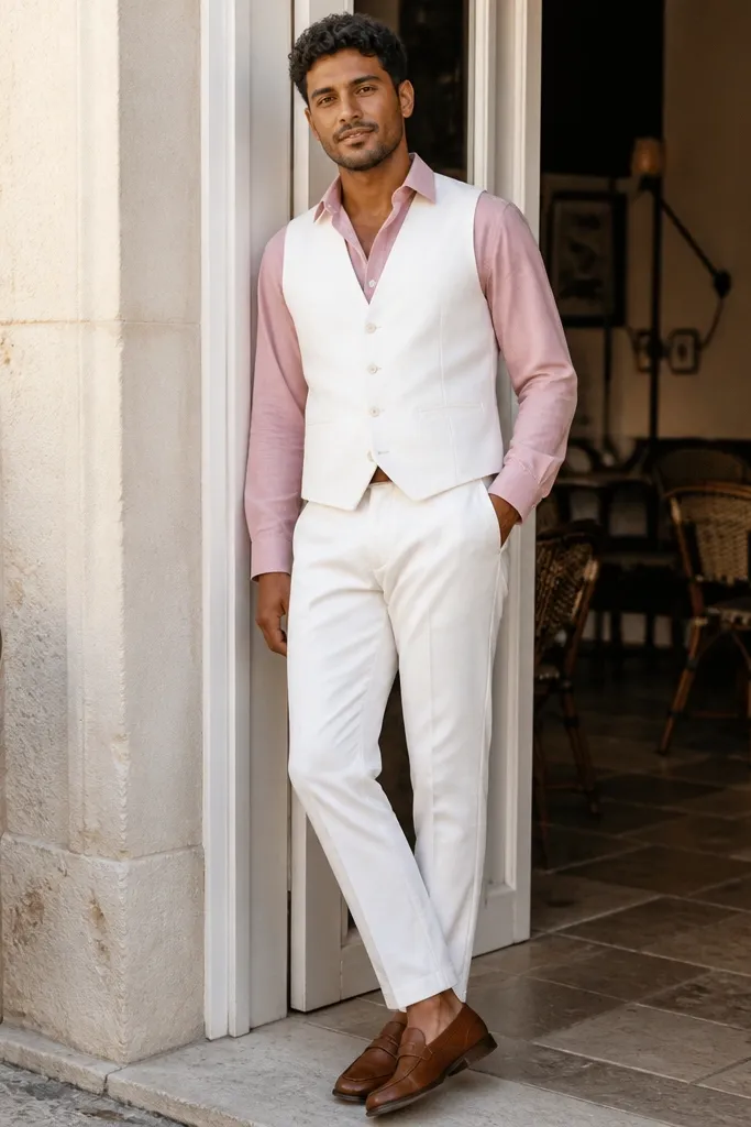 Pink button-up with a white vest and black leather loafers