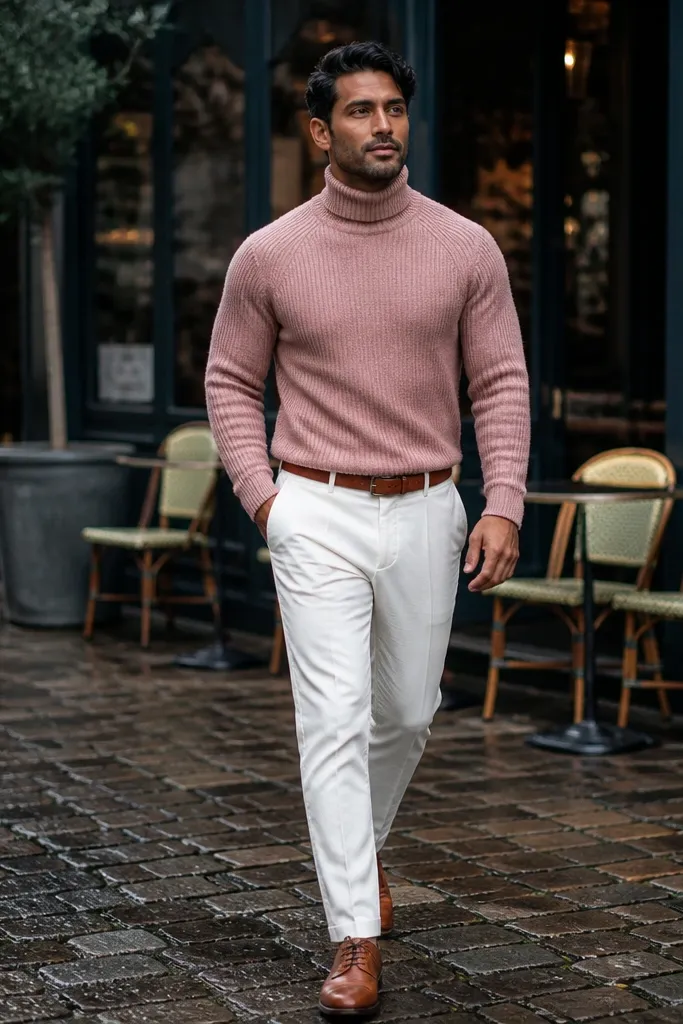 Blush pink roll-neck knit with white tapered trousers and tan leather lace-ups