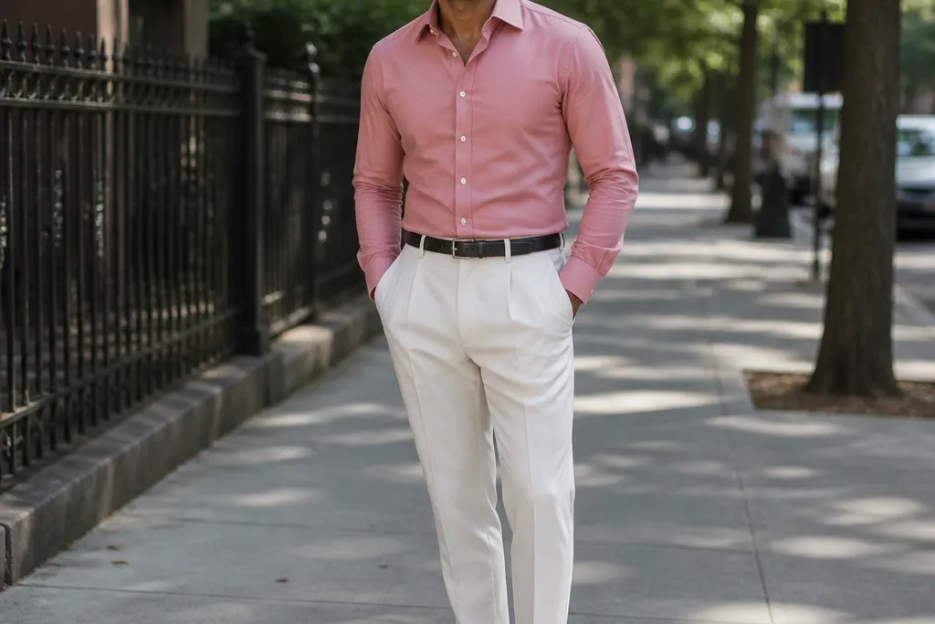 Pink Shirt and White Pants Men Outfits