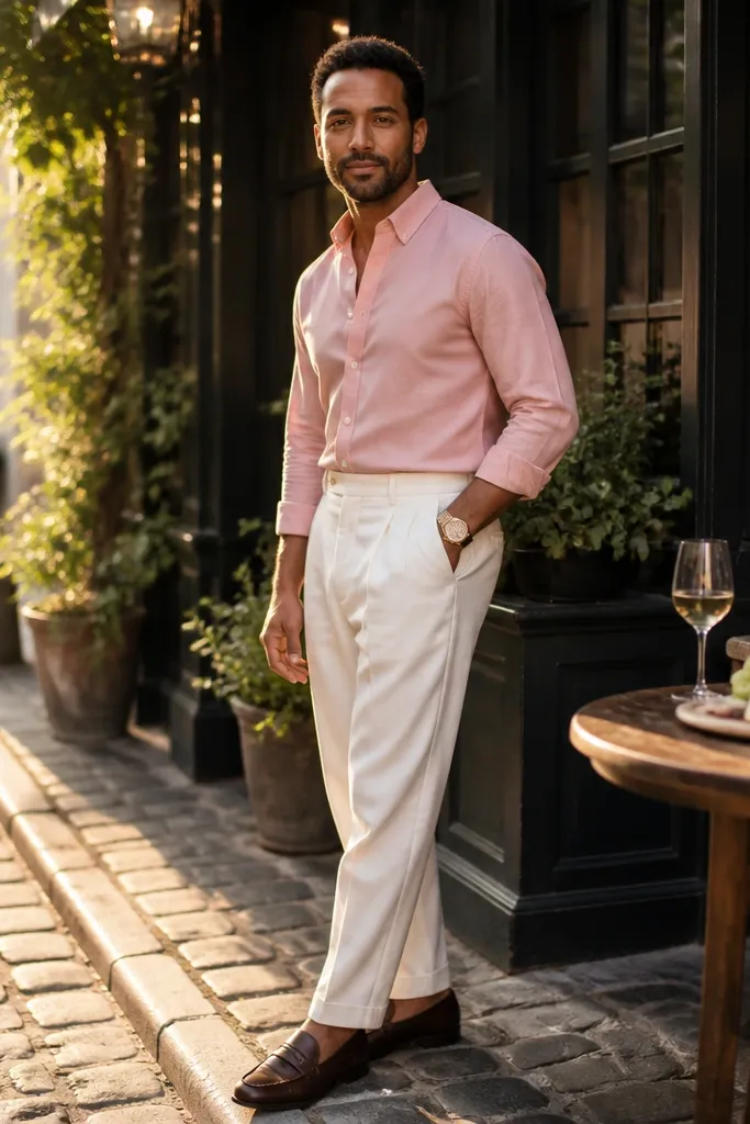 Pink Shirt and White Pants Men Outfits