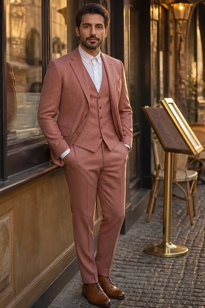 Dusty rose three-piece suit with white shirt, brown belt, and cognac brogue shoes