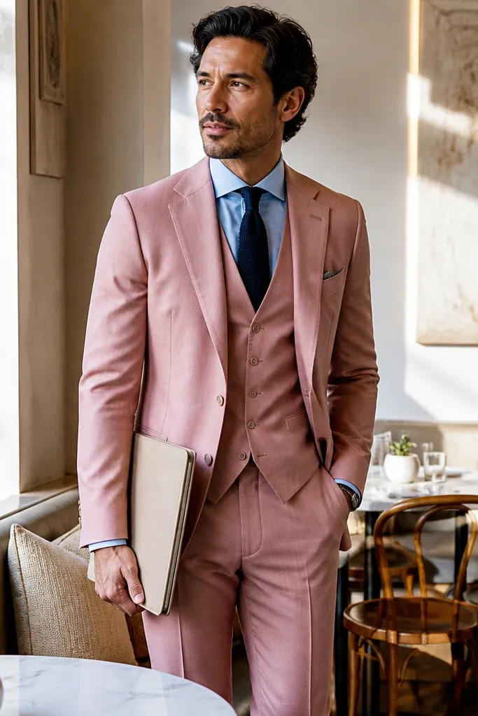 Blush pink suit with light blue shirt and navy knit tie