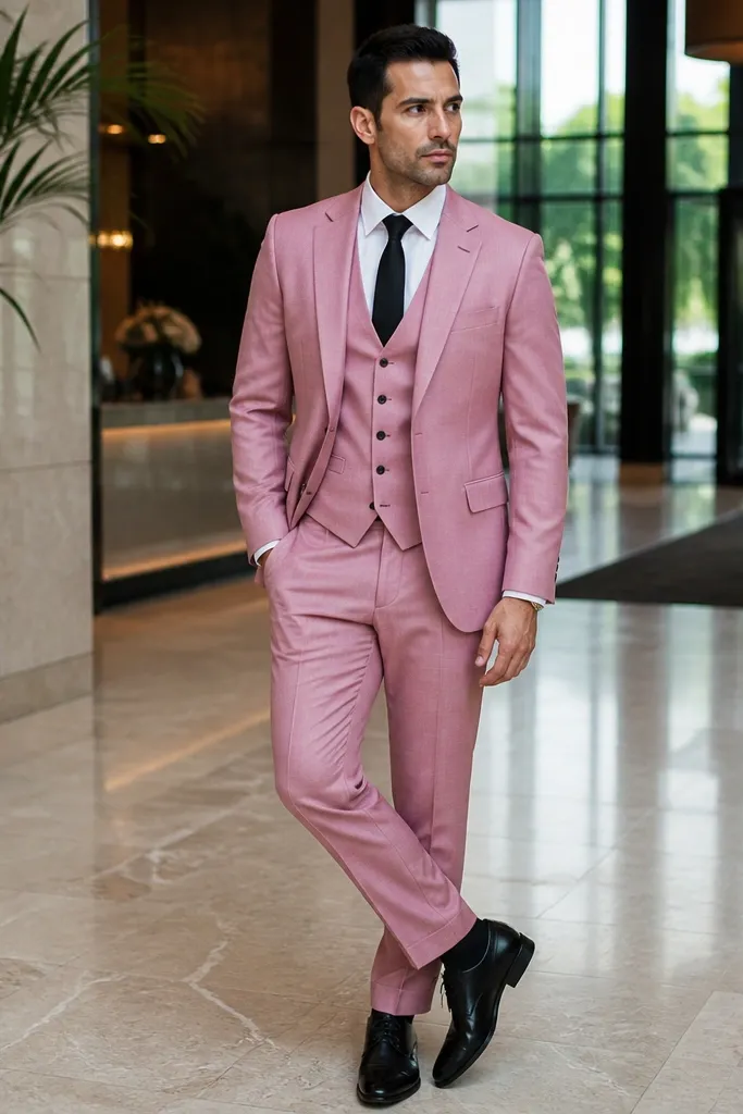 Cool rosy pink three-piece suit with white shirt and black silk tie