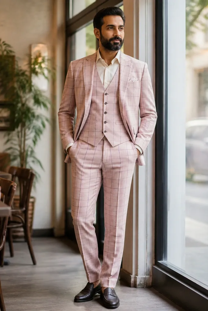 Pink windowpane three-piece suit with cream shirt and brown leather shoes