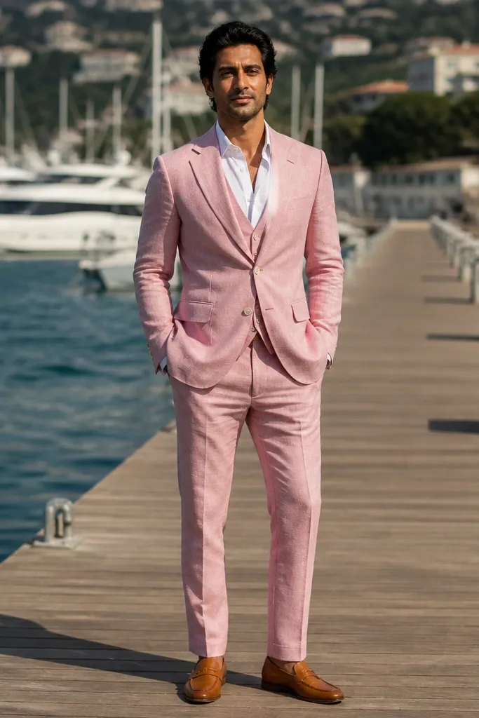 Soft pink linen three-piece suit with white linen shirt and tan loafers