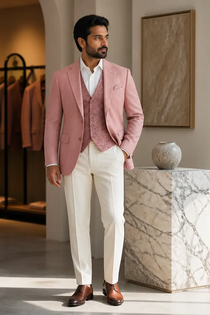 Solid rose pink jacket with rose jacquard vest, white shirt, and dark brown shoes