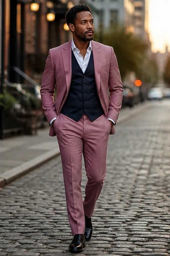Pink three-piece suit with navy vest, white shirt, and navy tie