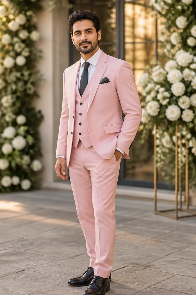 Light pink suit with charcoal tie and white pocket square with rose accent