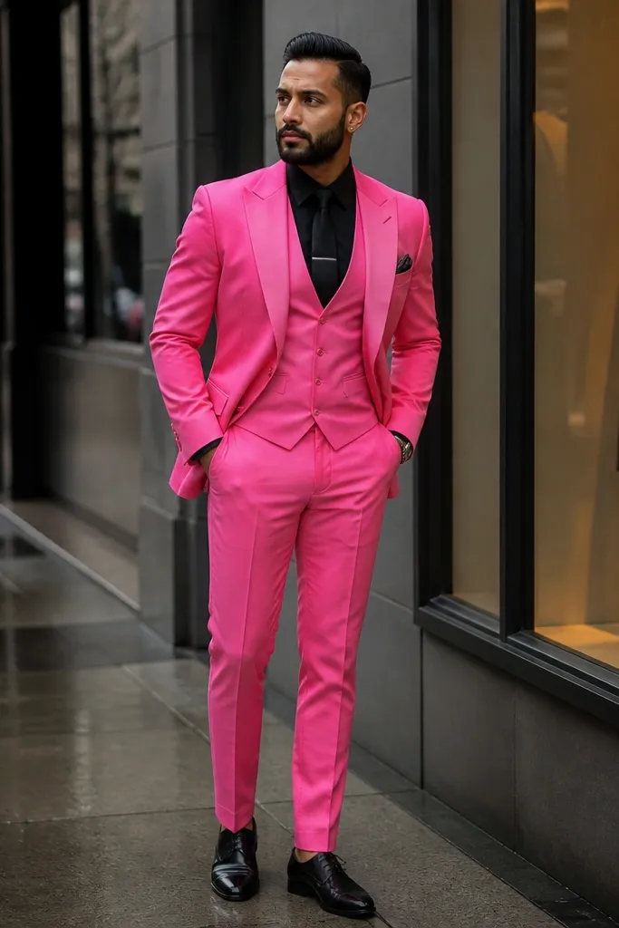 Hot pink three-piece suit with black shirt and tie bar