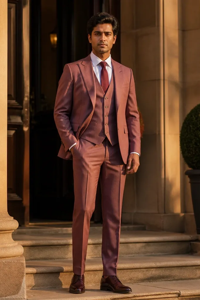 Dusty rose three-piece suit with burgundy silk tie and white shirt