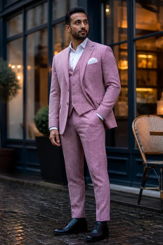 Pink herringbone three-piece suit with white pocket square and black leather shoes