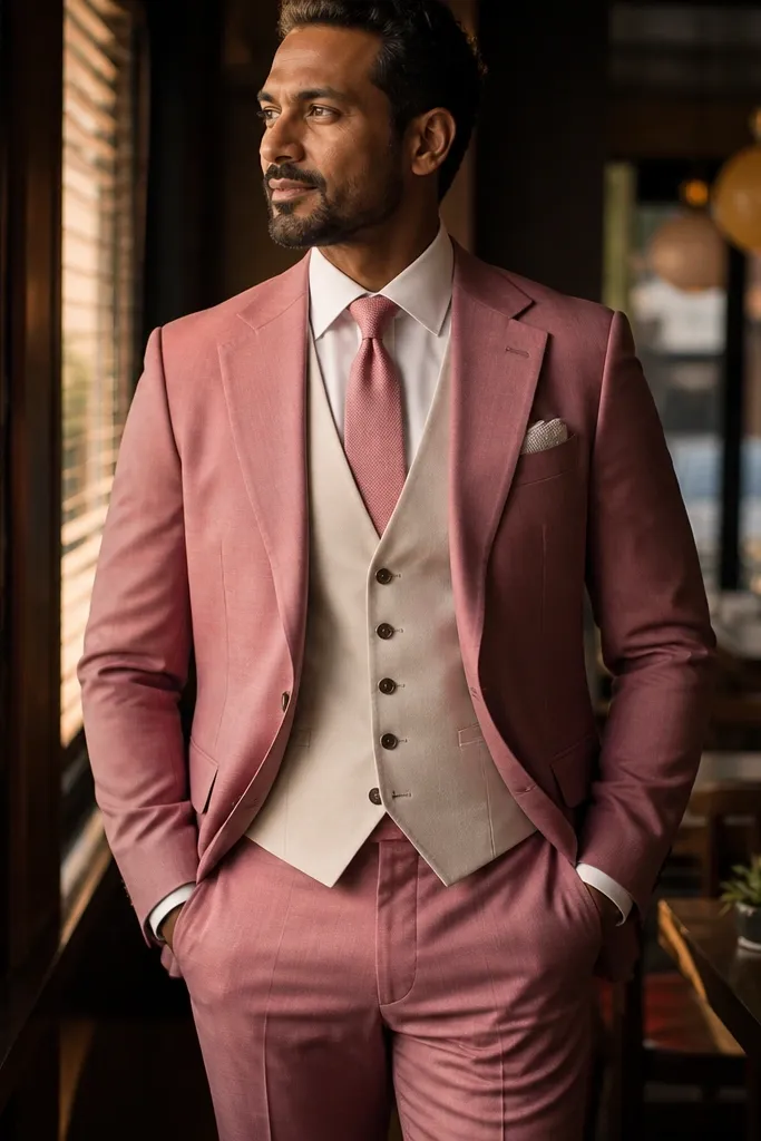 Rose pink suit with cream vest and pink tie