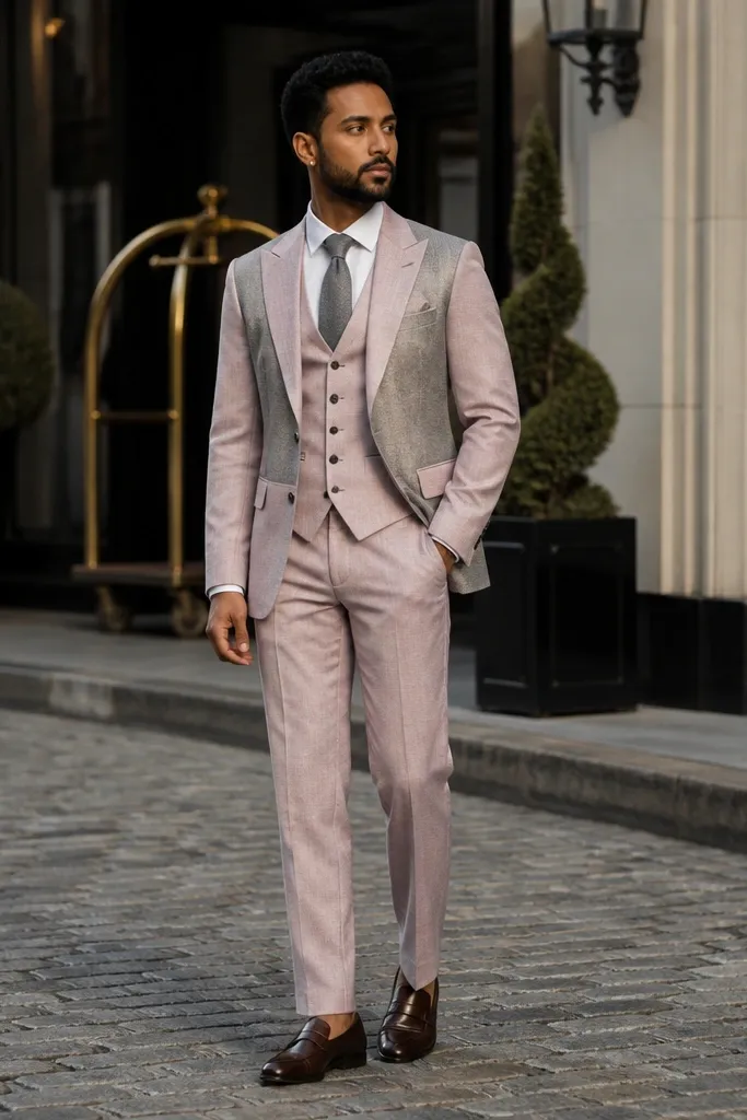 Pale pink suit with grey flannel tie and white shirt