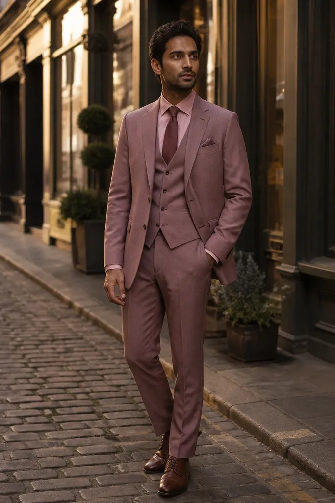 Pink three-piece suit with tonal shirt and matching pink tie