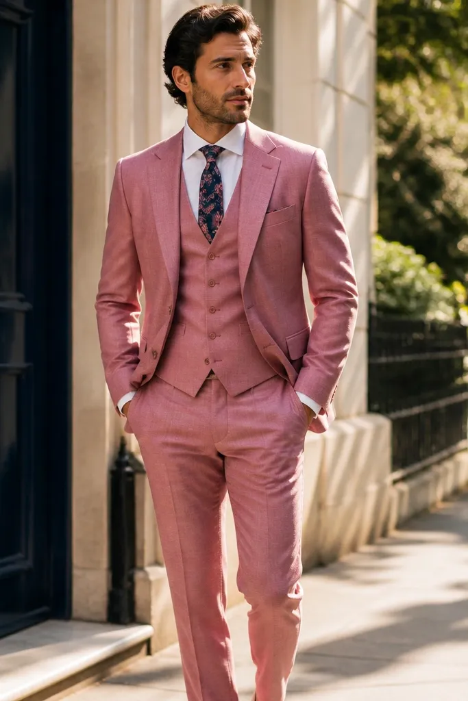 Pink three-piece suit with navy floral tie and white shirt