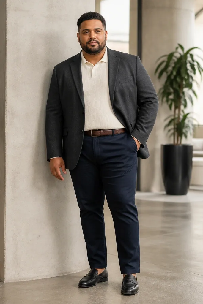Charcoal blazer over a cream knit polo with dark indigo chinos and brown loafers