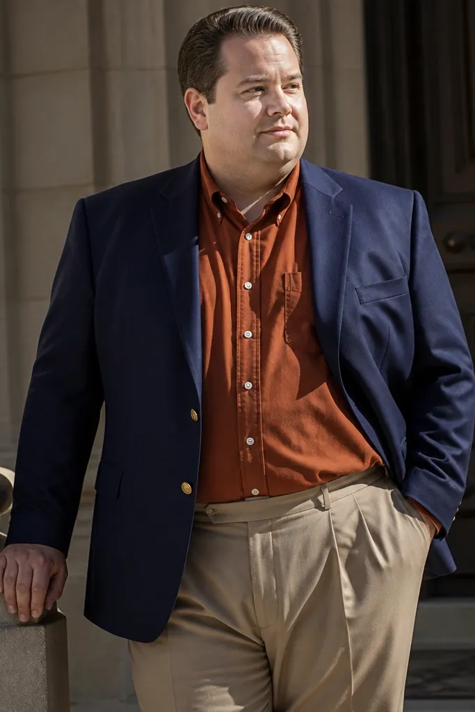 Navy sport coat over a rust button-down with khaki pleat-front trousers and tan belt