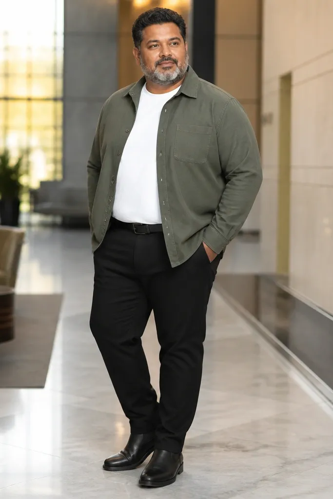 Olive overshirt over a white T-shirt with black tapered chinos and black Chelsea boots
