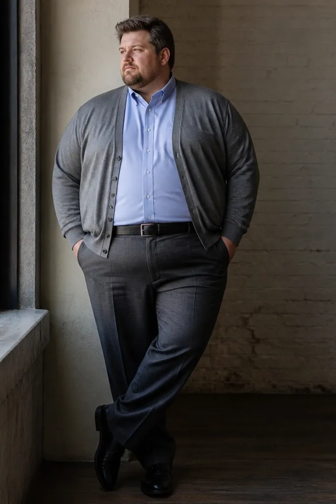 Light blue button-down under a gray cardigan with charcoal slacks and dark brown shoes