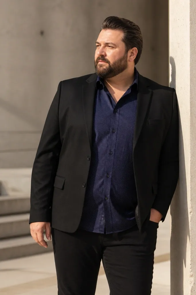 Navy patterned shirt under a solid black blazer with black trousers and black leather loafers