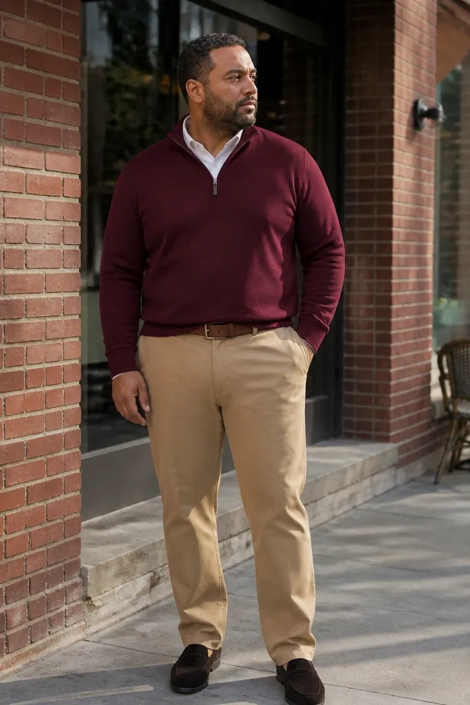 Burgundy quarter-zip over a white dress shirt with tan chinos and brown lace-up shoes