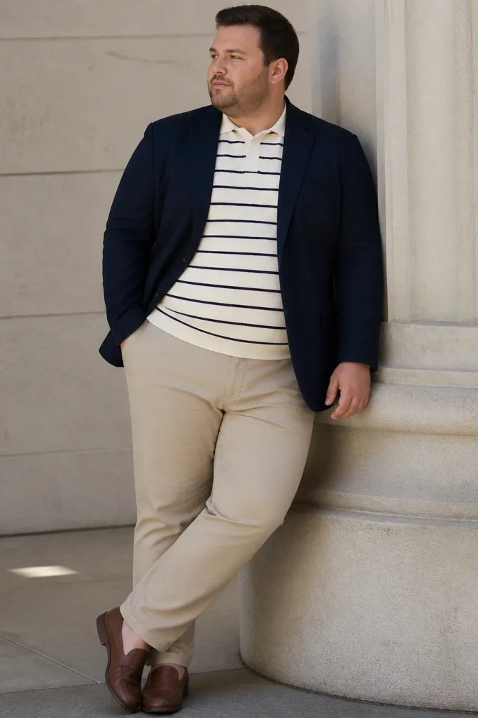 Navy blazer over a striped knit polo with beige tapered trousers and tan loafers