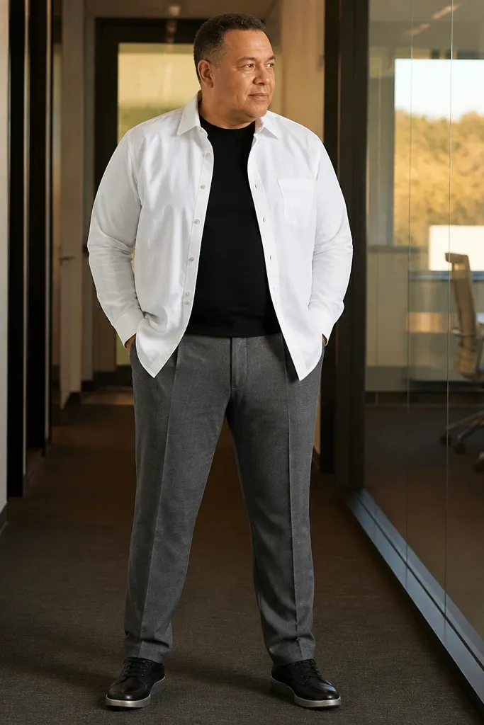Black crewneck with an open white shirt over gray flannel trousers and dark leather-look sneakers