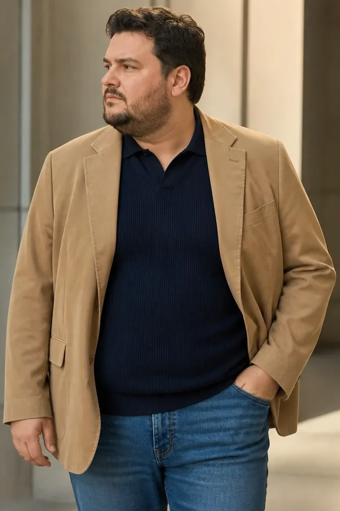 Tan blazer over a navy knit shirt with medium-wash straight jeans and brown boots