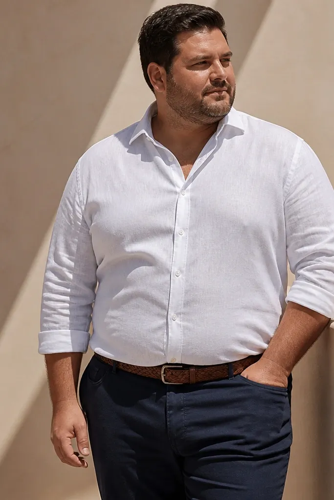 White linen-blend shirt with navy trousers and a brown woven belt with loafers