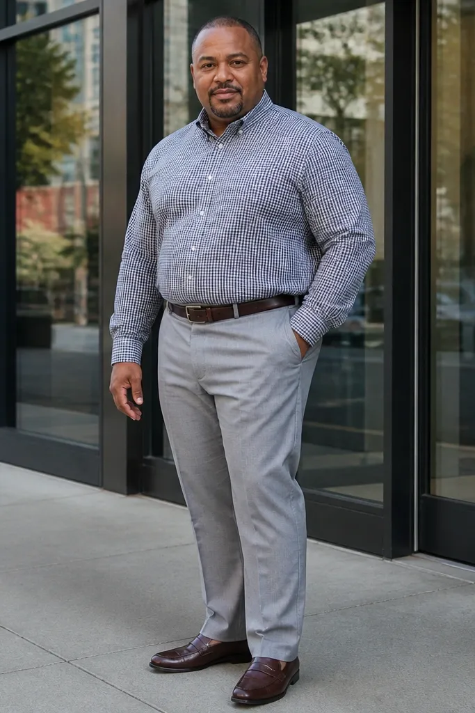 Black-and-white gingham shirt with light gray slacks and dark leather loafers