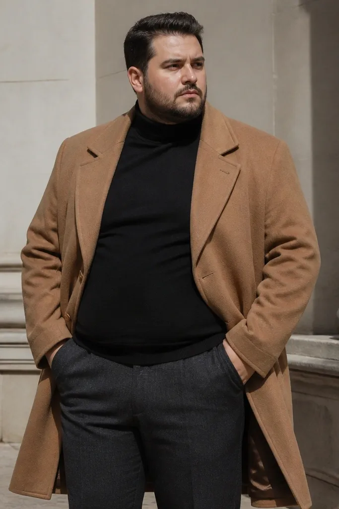 Camel overcoat over a black turtleneck with charcoal trousers and black Chelsea boots