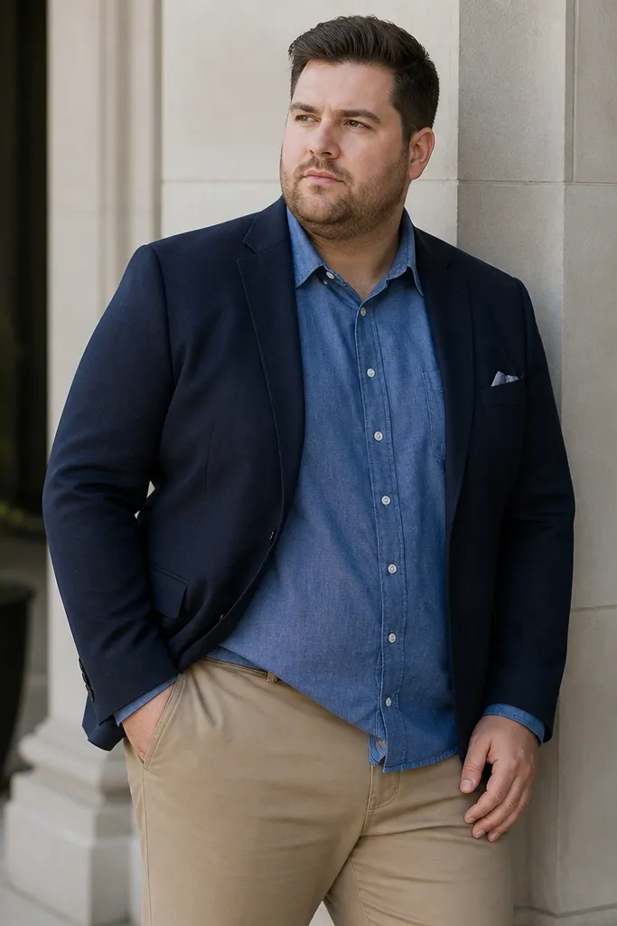 Indigo chambray shirt under a navy blazer with tan chinos and brown loafers