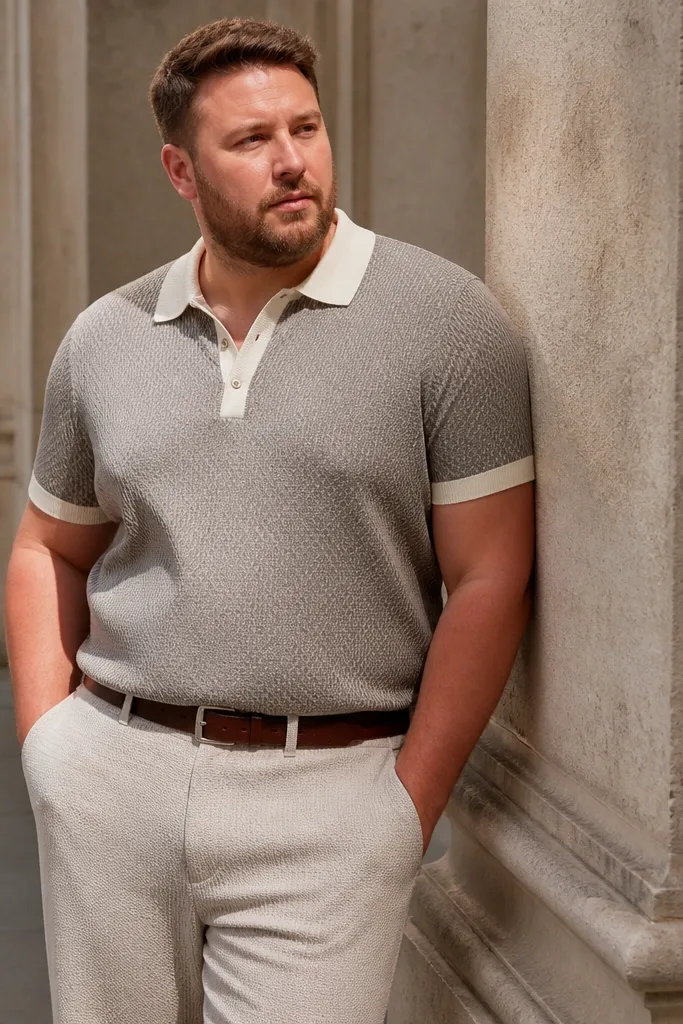 Two-tone knit polo with matching trousers and a leather belt with tan loafers